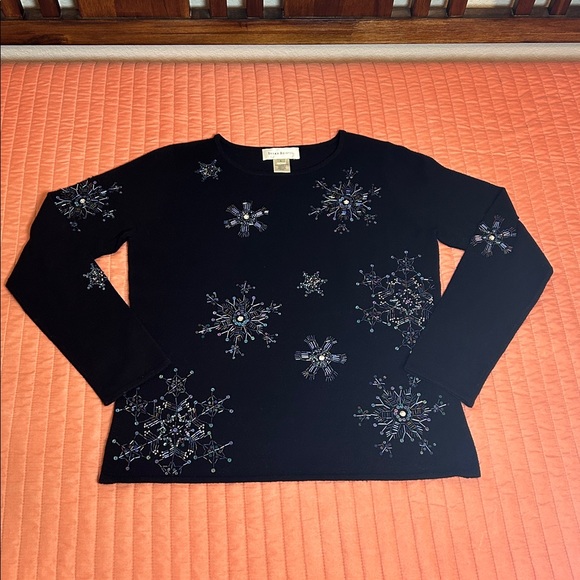 Vintage Susan Bristol Black Holiday Sweater Iridescent Sequins snowflakes sz LG - Picture 13 of 14